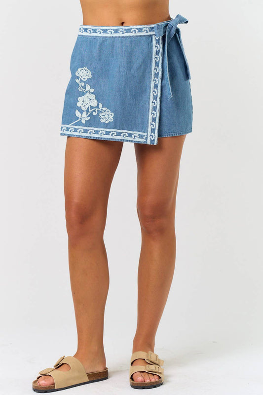 Embroidered Wrap Skort