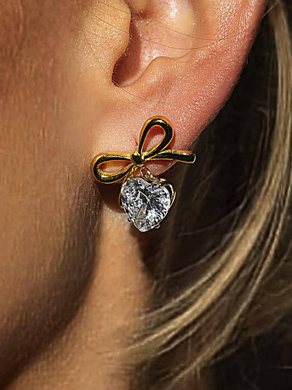 18K Gold CZ Heart Bow Earring