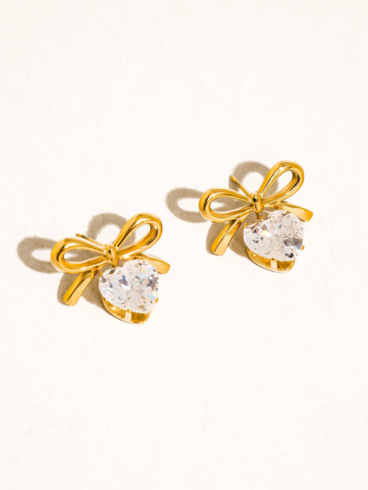 18K Gold CZ Heart Bow Earring