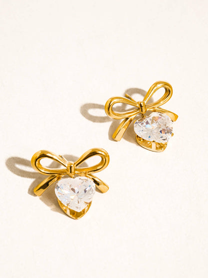 18K Gold CZ Heart Bow Earring